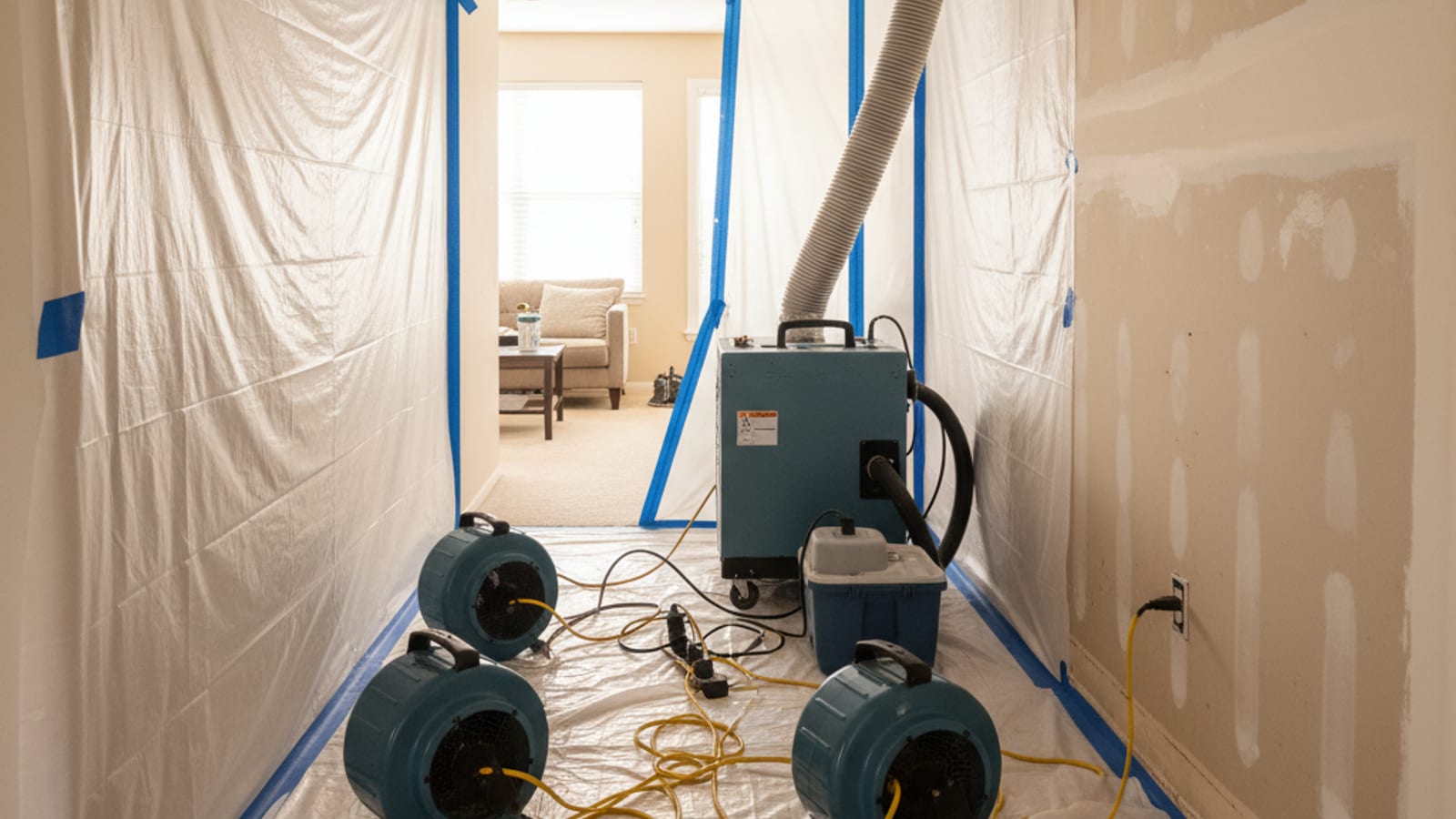 Secadores de aire y un deshumidificador instalados para secar un pasillo mojado después de una fuga de agua residencial en una casa de San Diego