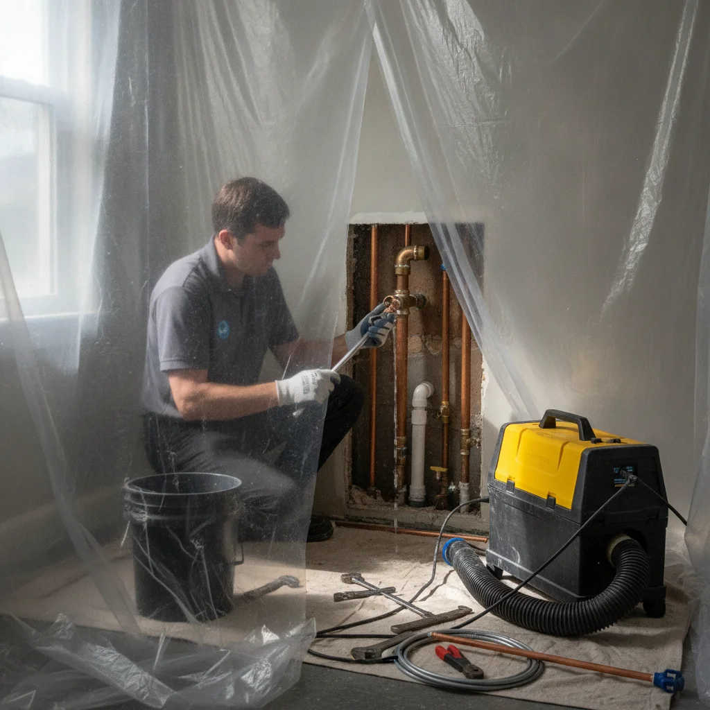 A contained work area with an air scrubber running beside an opened wall cavity