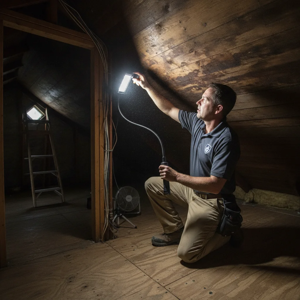 An independent remediation professional inspecting stained attic sheathing with a work light