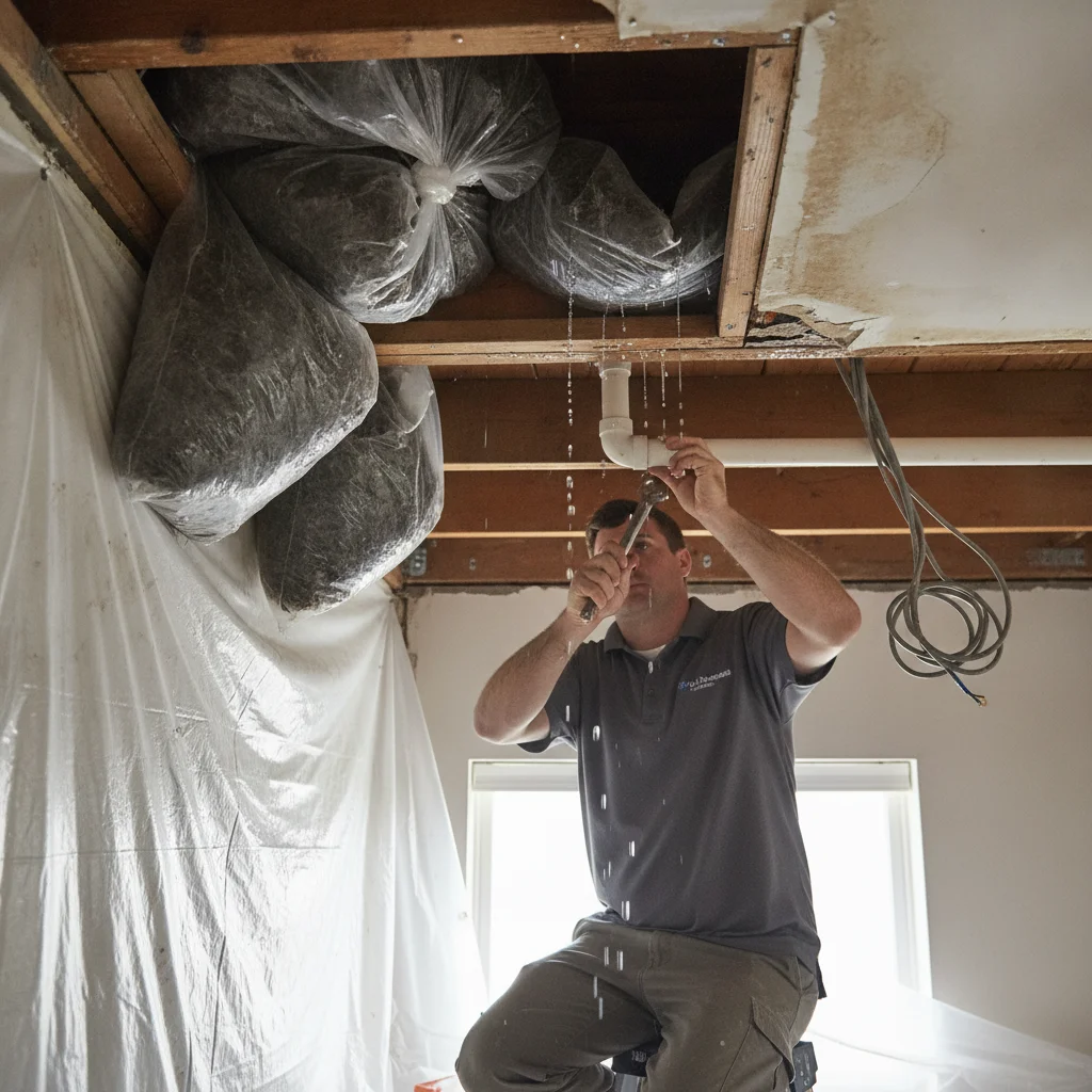 Removed wet insulation bagged beside an access hatch in a ceiling under repair