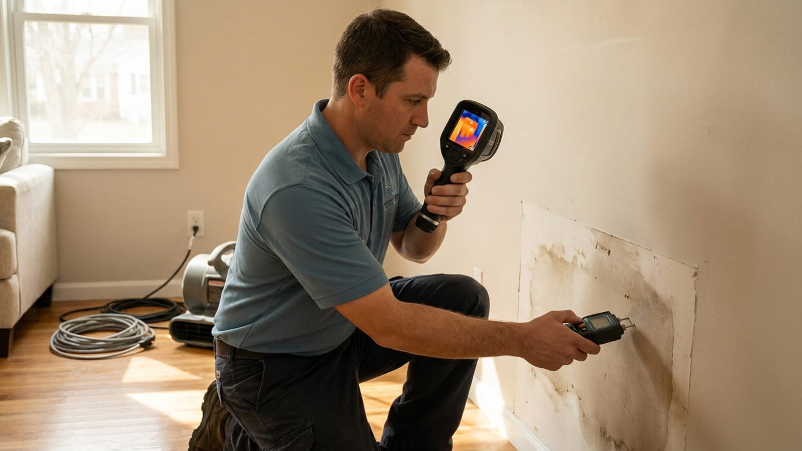 Un técnico usando un medidor de humedad y una cámara térmica para rastrear la fuente de un olor a humedad detrás de una pared en una casa de San Diego