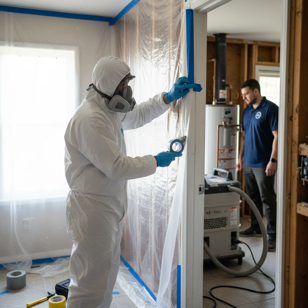 Un técnico certificado en remediación de moho con equipo de protección completo (respirador, traje blanco) instalando con cuidado una barrera de contención de plástico en una casa.