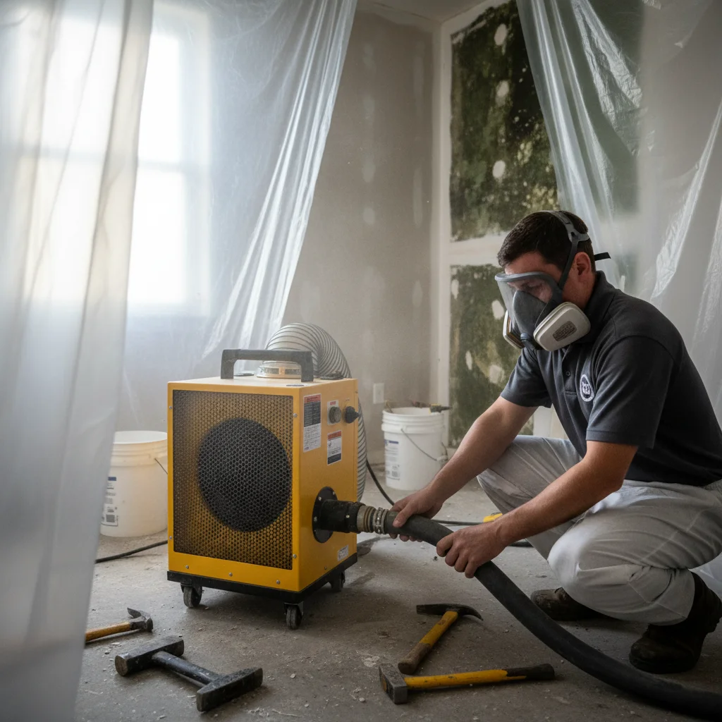 Un acercamiento de un purificador de aire HEPA funcionando en un cuarto durante un trabajo de remediación de moho.