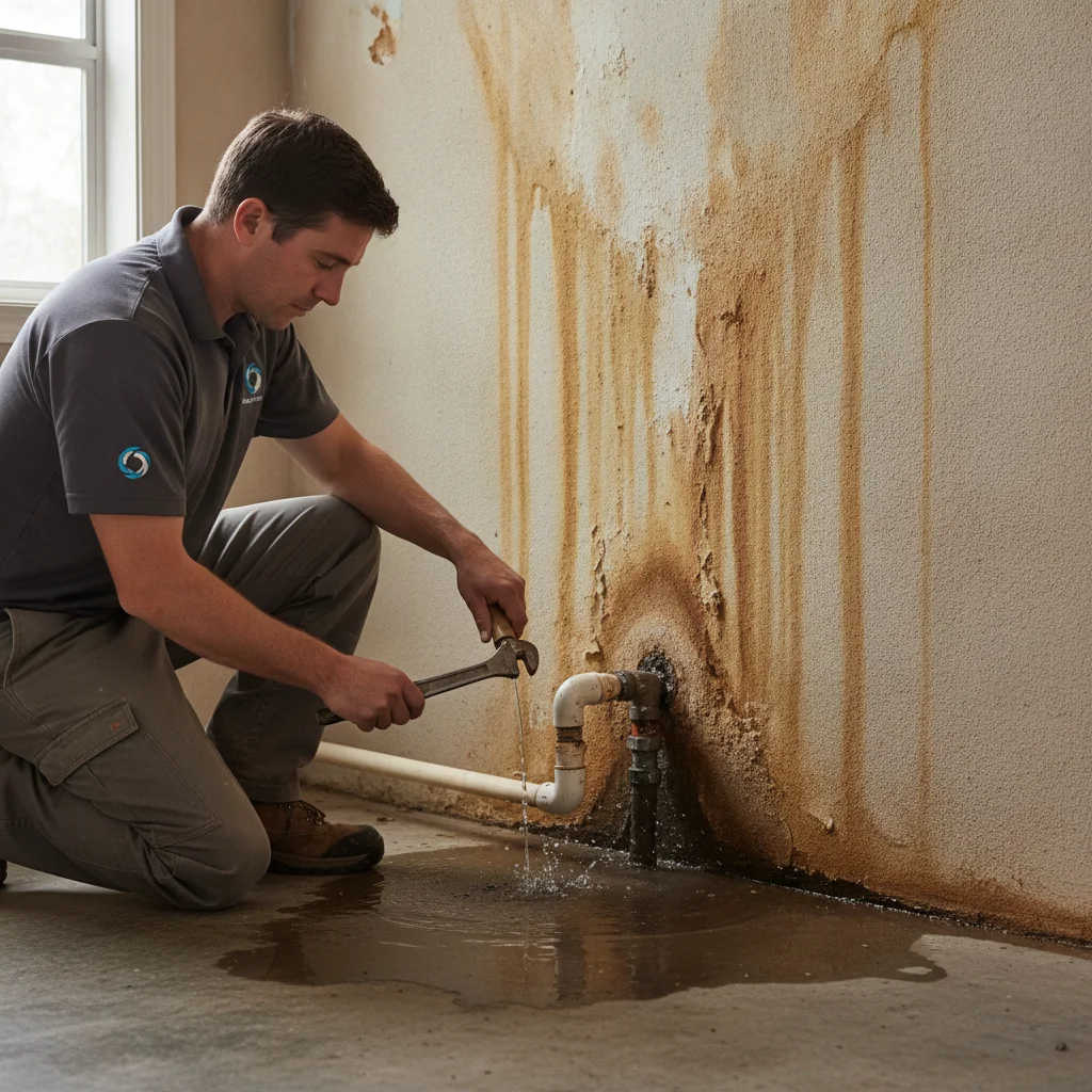 Interior wall stain below a stucco exterior after rain