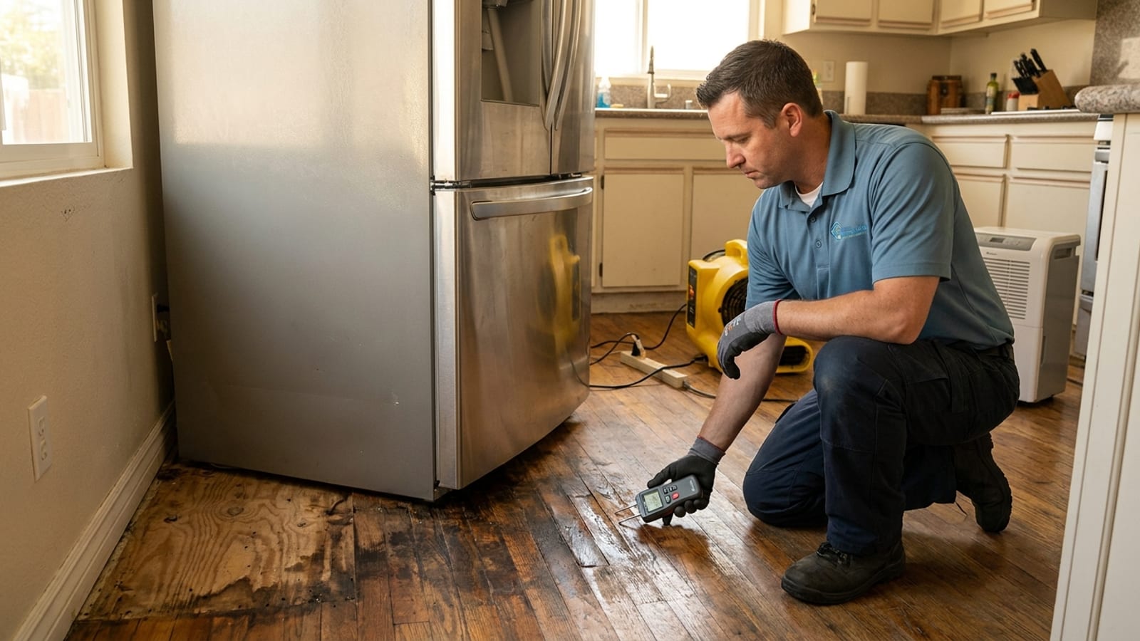Un refrigerador separado de la pared de una cocina en San Diego, revelando piso manchado por agua y una línea de suministro con fuga, con un técnico revisando la humedad