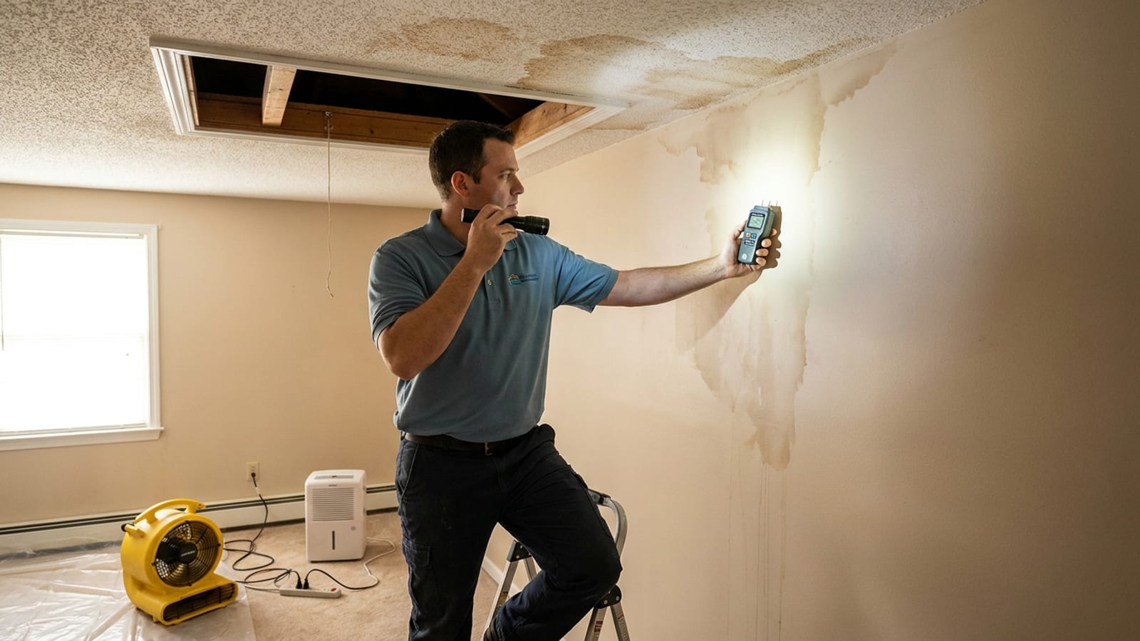 Manchas de agua extendiéndose desde el techo hacia una pared interior en una casa de San Diego después de una gotera de techo, con un técnico inspeccionando la entrada al ático