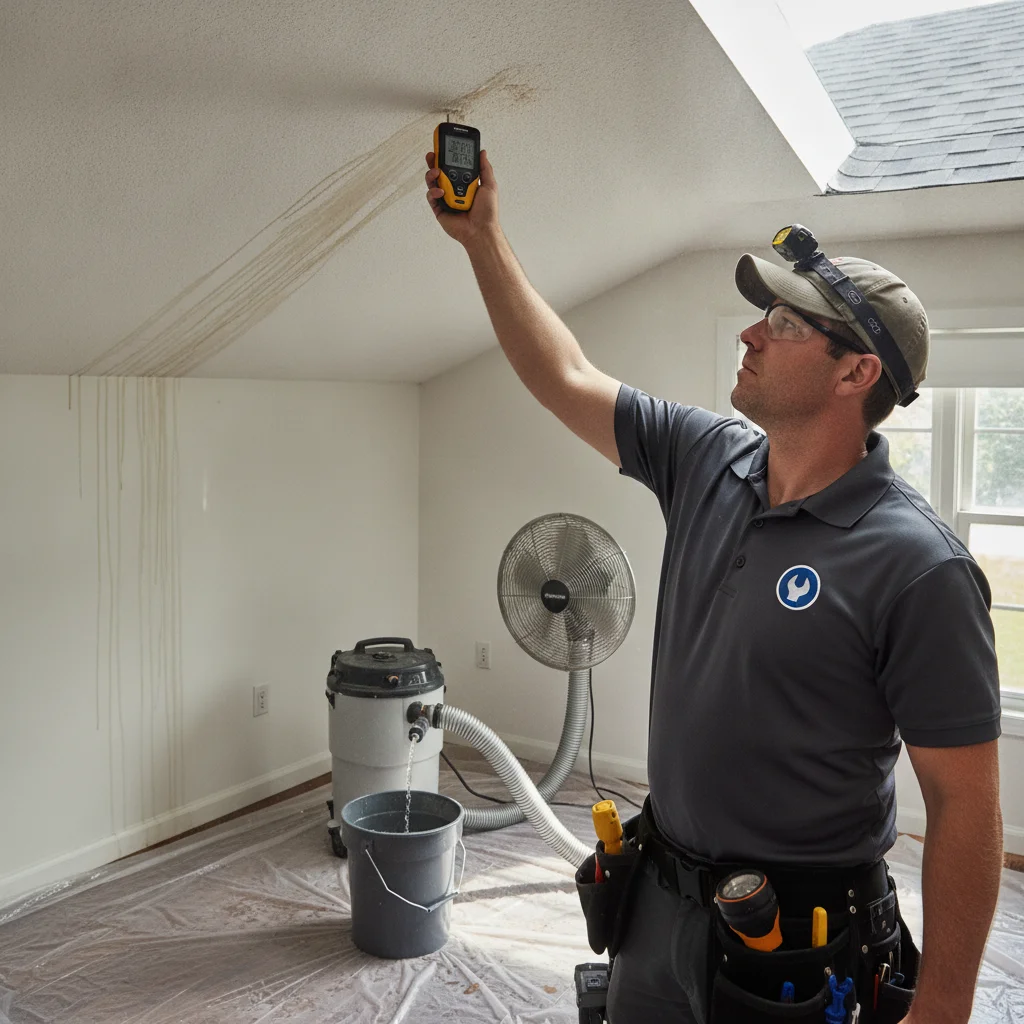 An independent restoration professional assessing ceiling and wall moisture after the roof source is addressed