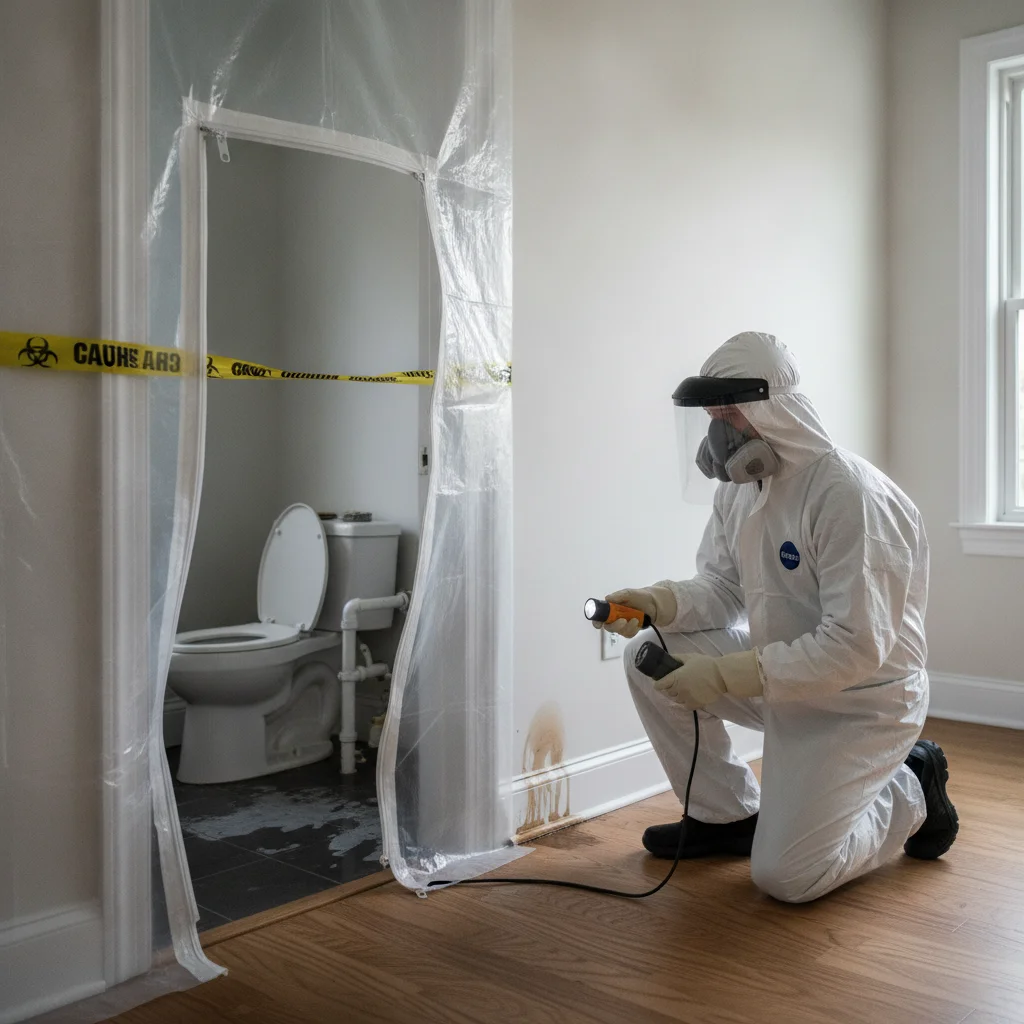 An independent cleanup professional in protective gear checking flooring and baseboards in the room next to a contained sewage backup
