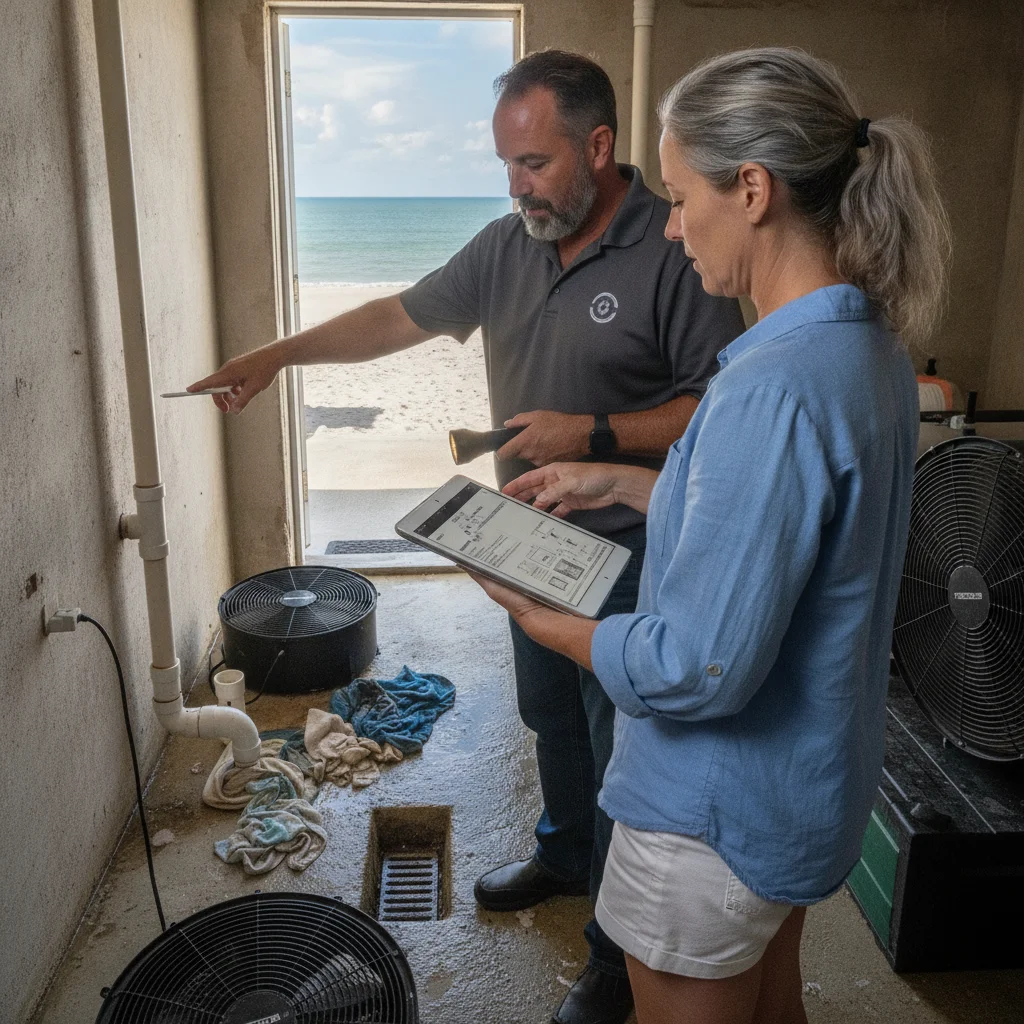 Oceanside rental manager reviewing a sewage cleanup scope with a local pro