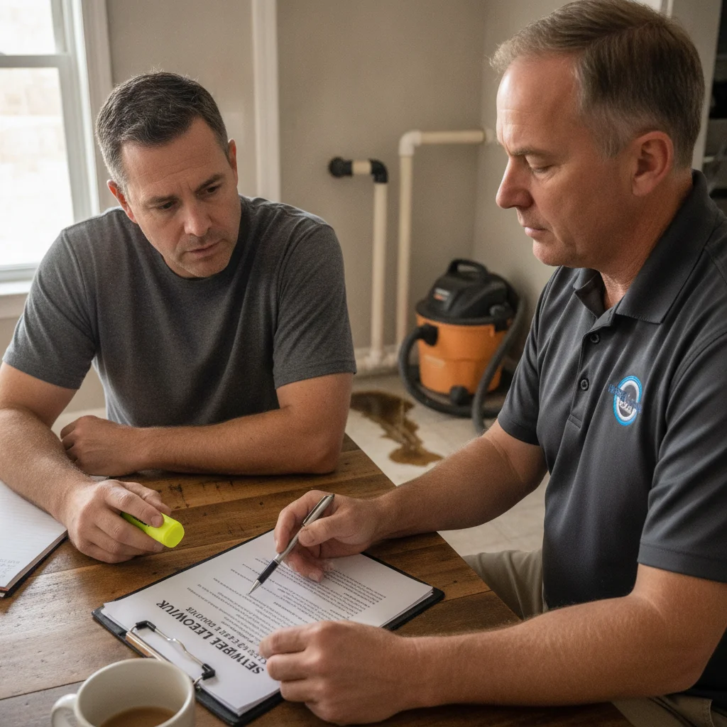 A homeowner reviewing a written sewage cleanup scope with an independent local professional