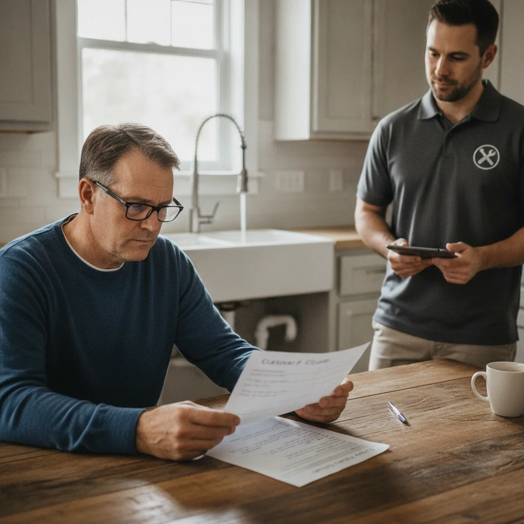 A homeowner reading a written cleanup scope at a kitchen table while a professional waits nearby