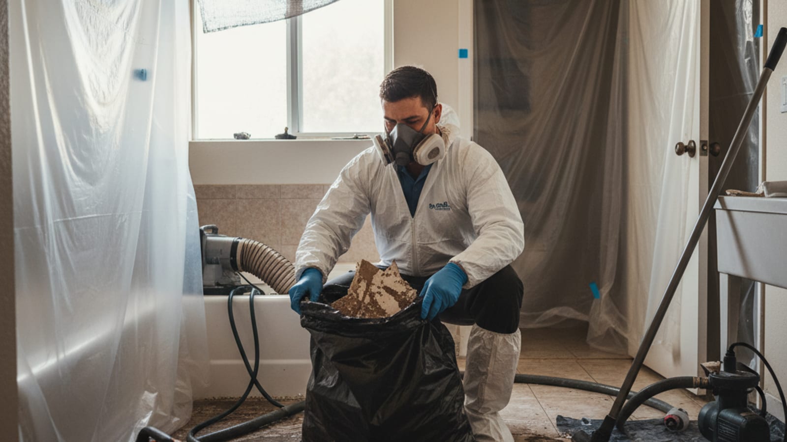 Técnico de restauración con equipo de protección completo embolsando tablaroca contaminada después de un reflujo de aguas negras en una casa de San Diego