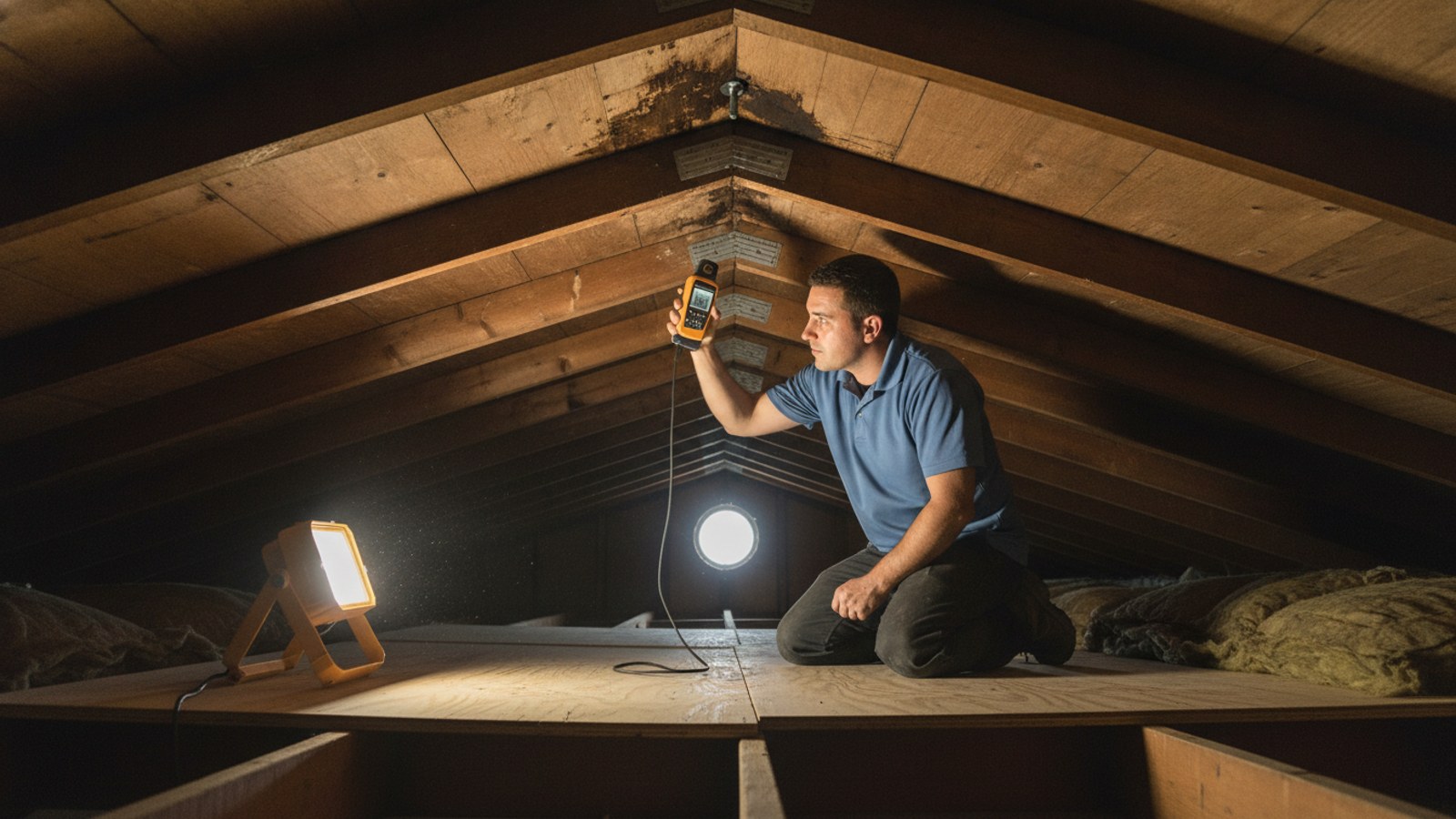 A restoration technician kneeling in a San Diego attic, holding a moisture meter up to a water-stained roof deck near a mounting-bolt penetration point