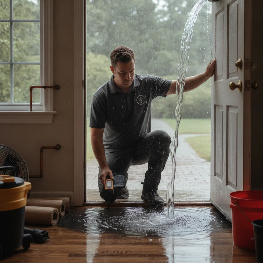 Cleanup professional assessing storm water near an exterior doorway