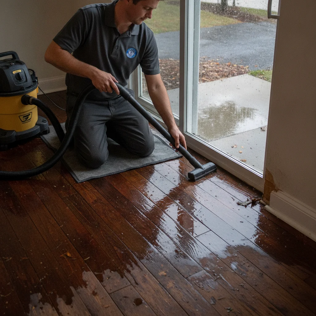 Saturated flooring and baseboards near a patio door after storm water has entered a house