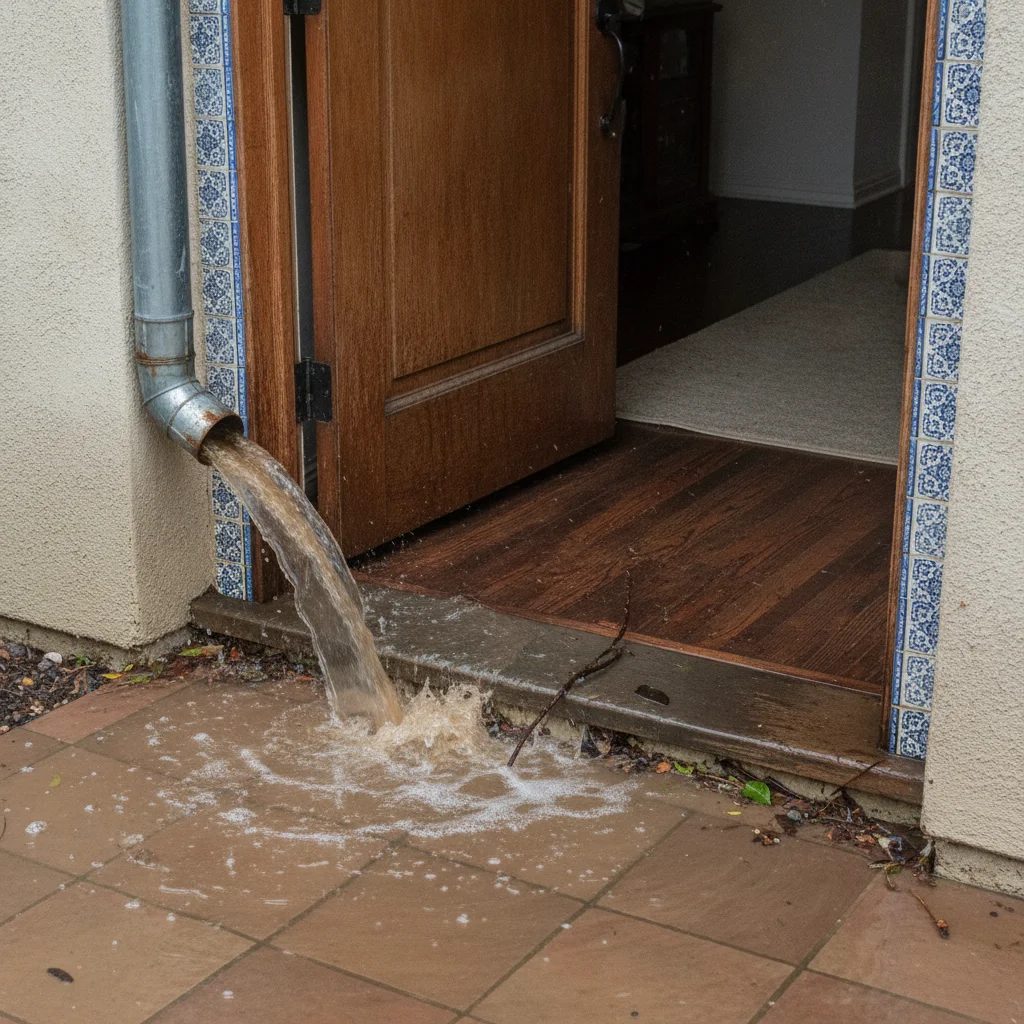 Storm water entering a Coronado home at an exterior doorway