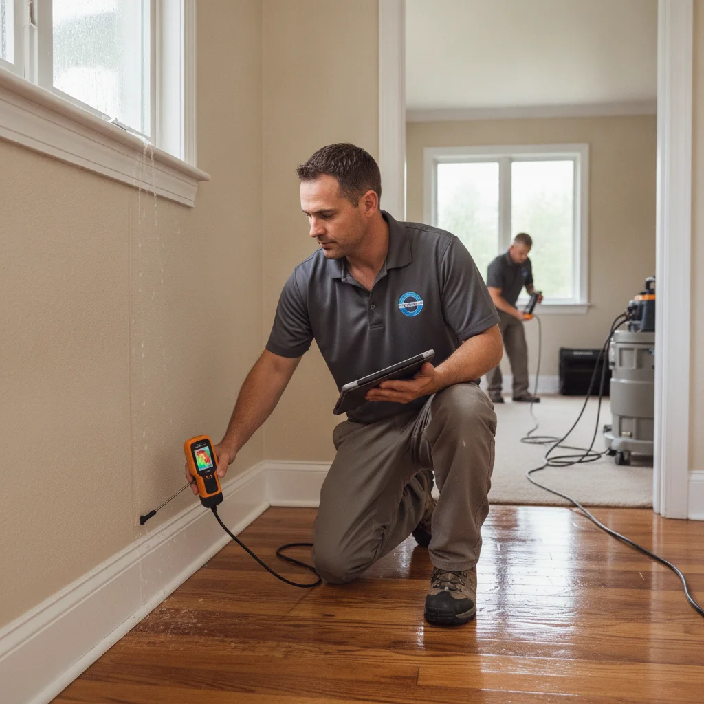 An independent restoration professional mapping moisture along flooring, a wall, and an adjoining room after rain intrusion