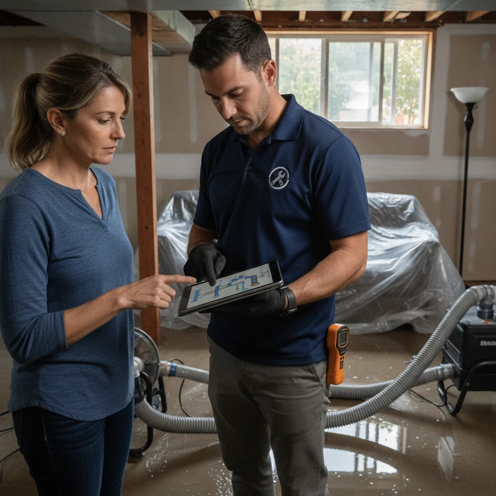 Vista homeowner reviewing a structural drying scope with a local restoration pro