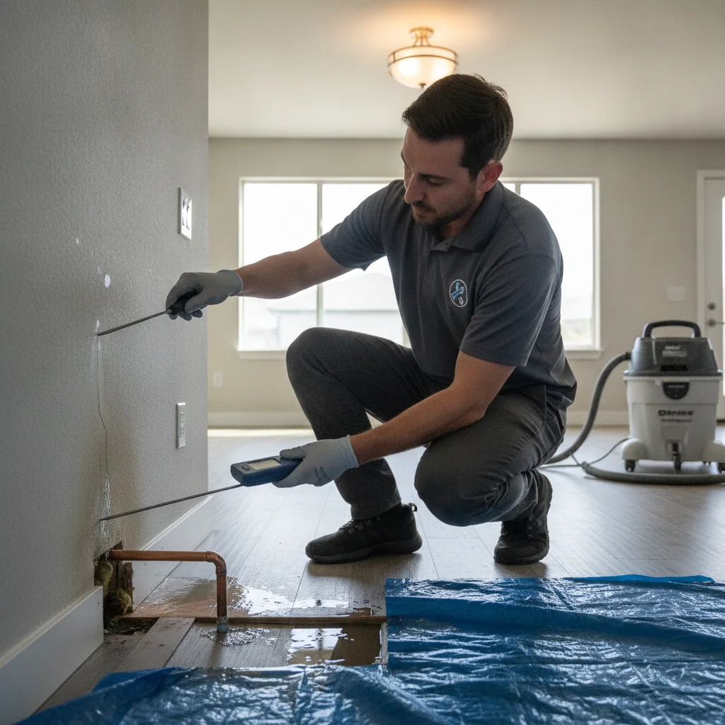 An independent restoration professional checking wall and floor moisture in a Vista home after a leak