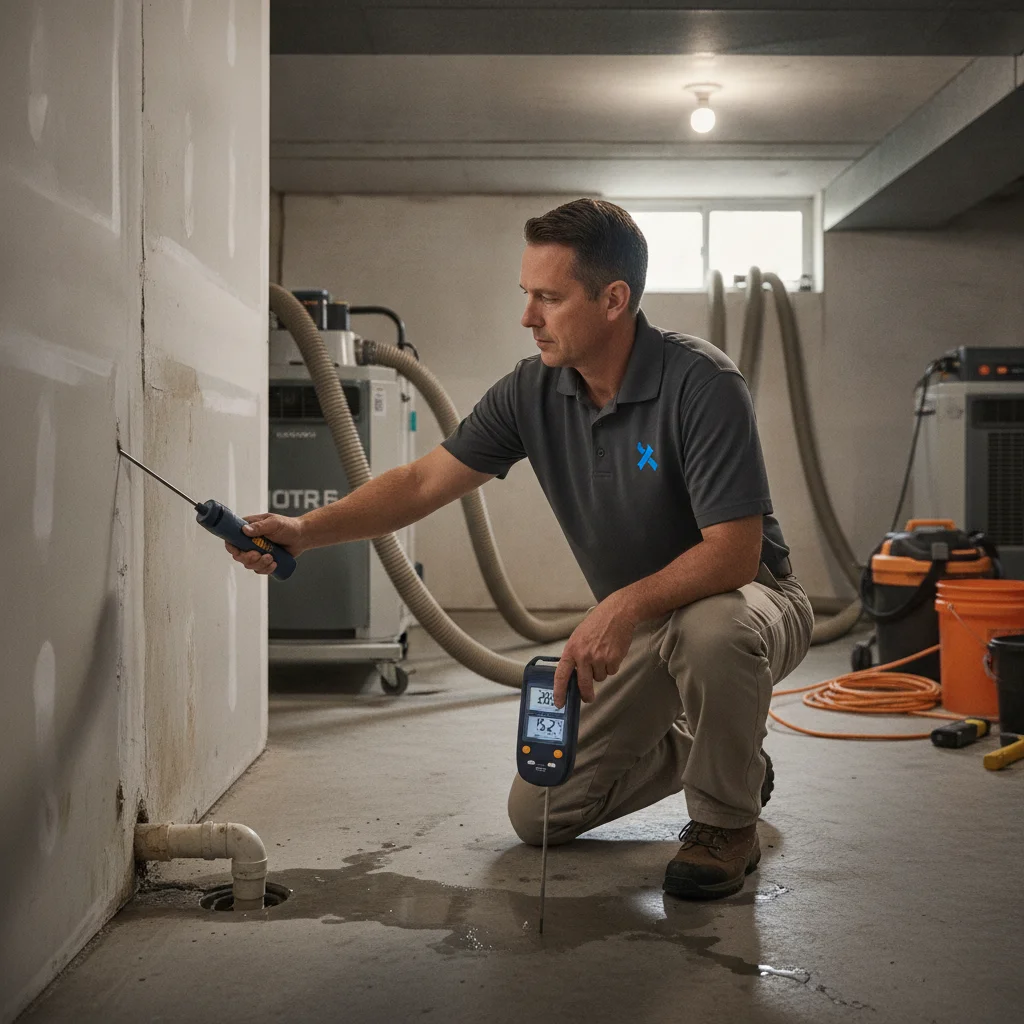 An independent restoration professional checking wall and floor moisture after basement flooding