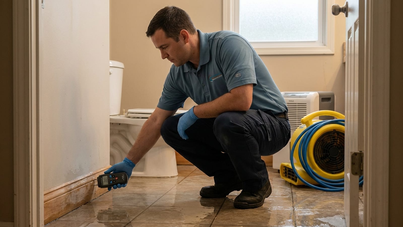 Un piso de baño con agua de un excusado desbordado llegando hasta los zoclos, con un técnico de restauración con equipo de protección evaluando la propagación