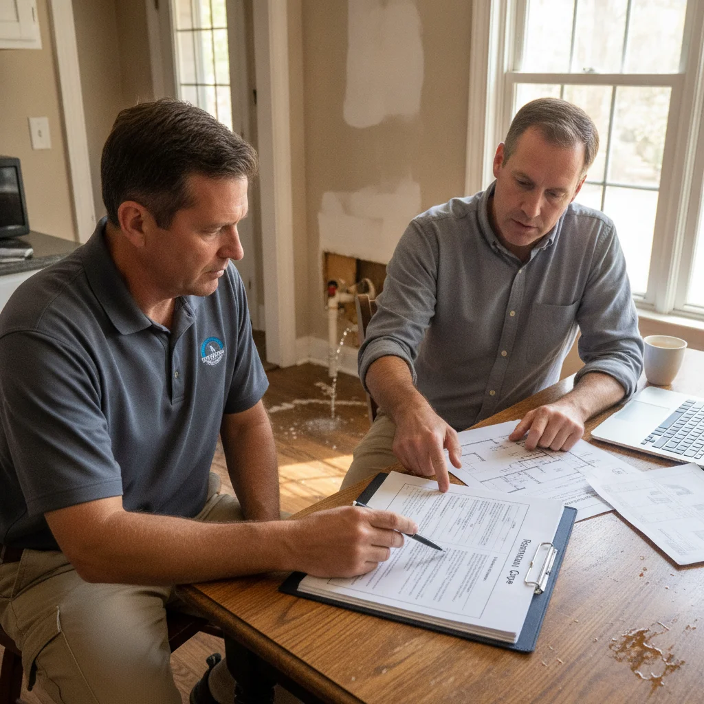A homeowner reviewing a written restoration scope with an independent water damage professional