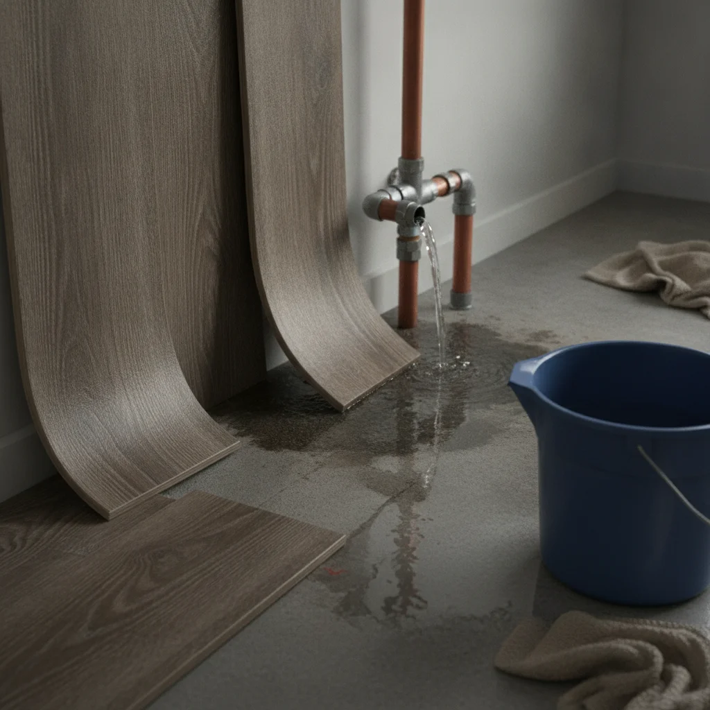 Vinyl plank flooring lifted at an edge after an indoor leak