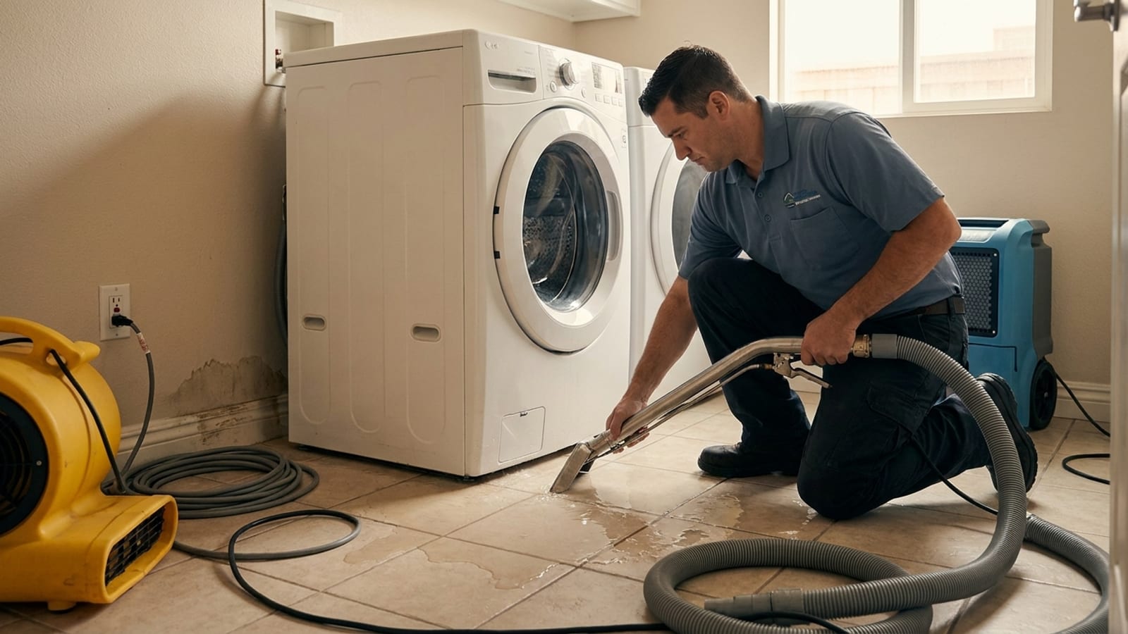 Agua esparciéndose por el piso de un cuarto de lavado por el desbordamiento de una lavadora en una casa de San Diego, con un técnico de restauración comenzando la extracción