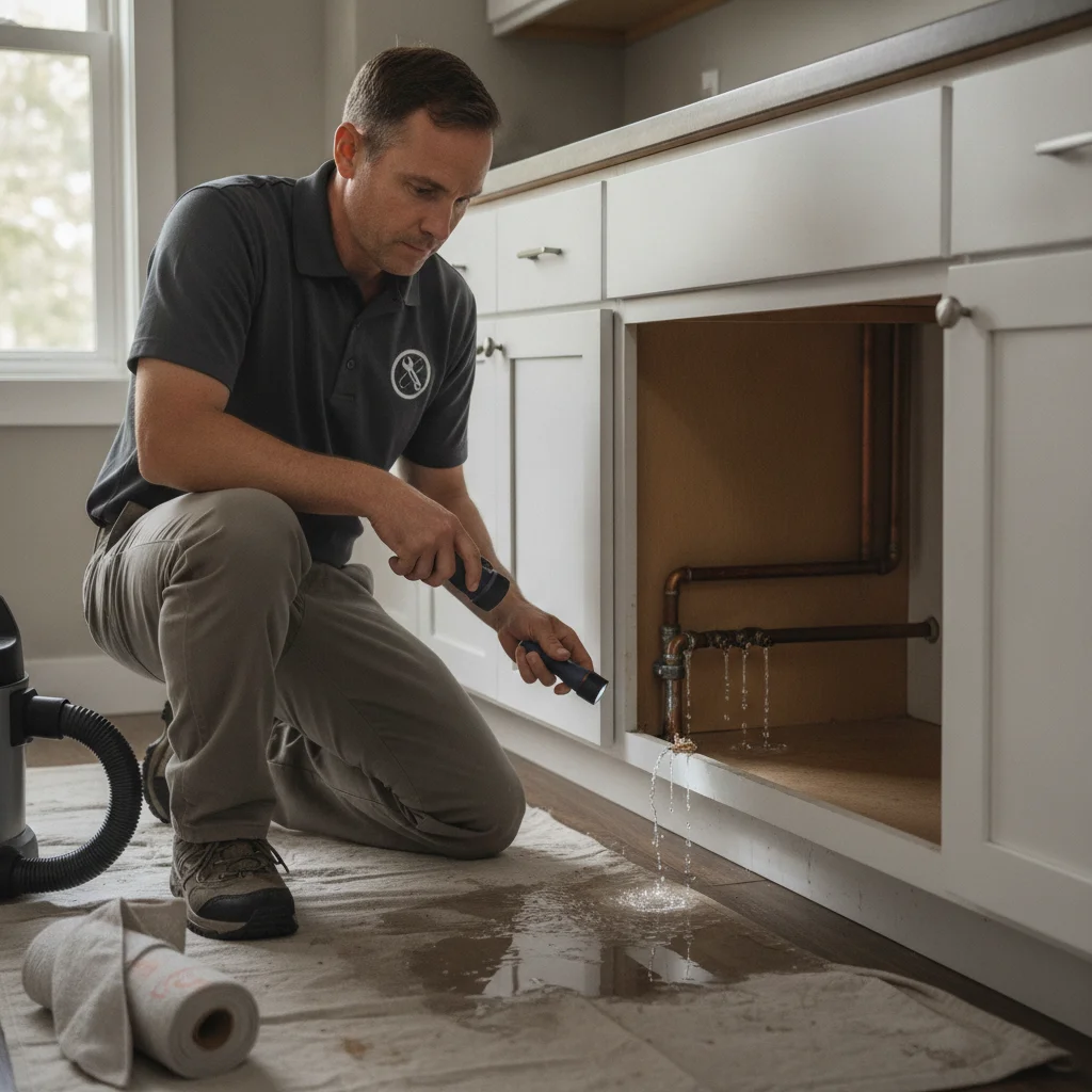 An independent restoration professional assessing water damage beneath fixed kitchen cabinets