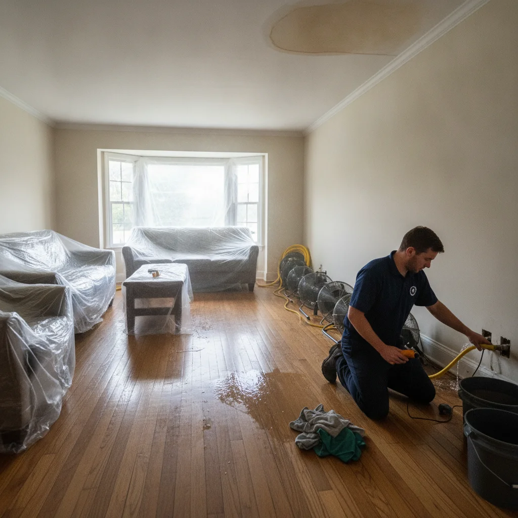A room where furniture has been moved and wrapped while drying equipment runs along the wall