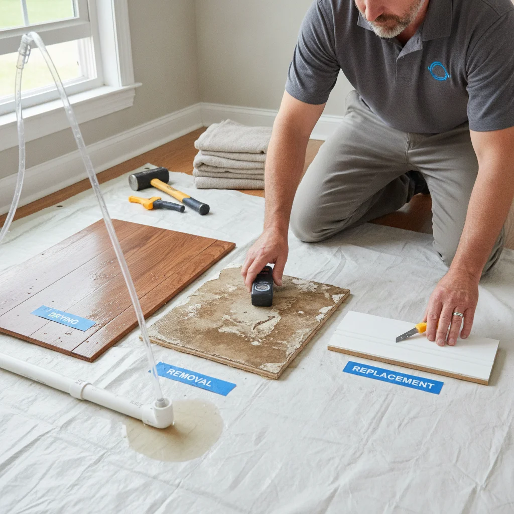 A close view of labeled flooring, drywall, and trim samples arranged to explain 
