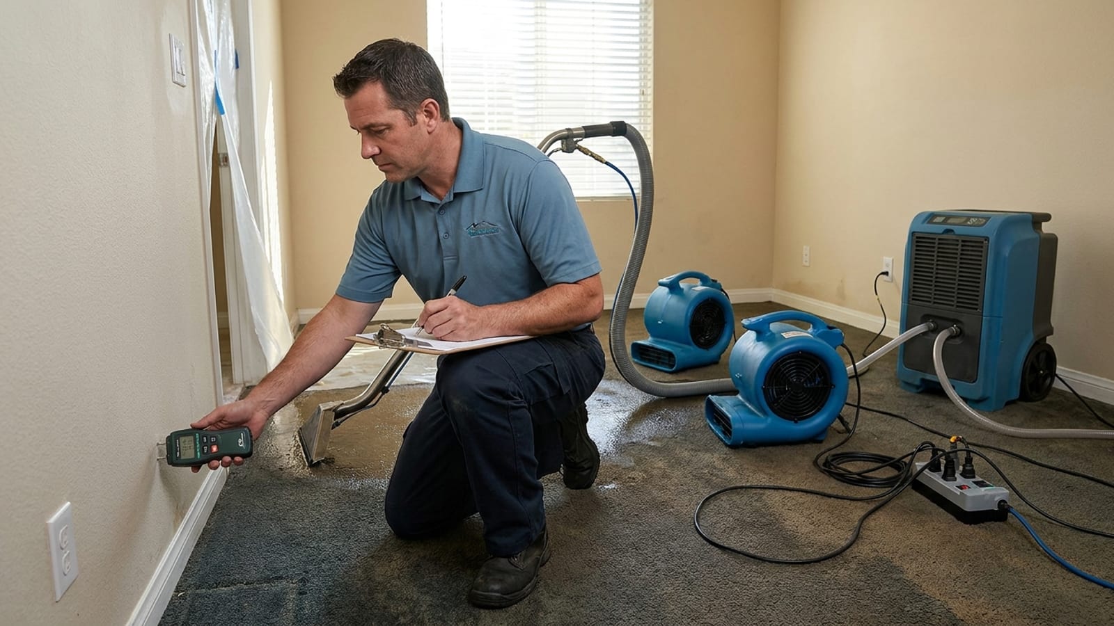 Una secuencia de trabajo de restauración en una casa de San Diego: extracción, sopladores de aire y deshumidificador funcionando, y un técnico anotando lecturas de humedad
