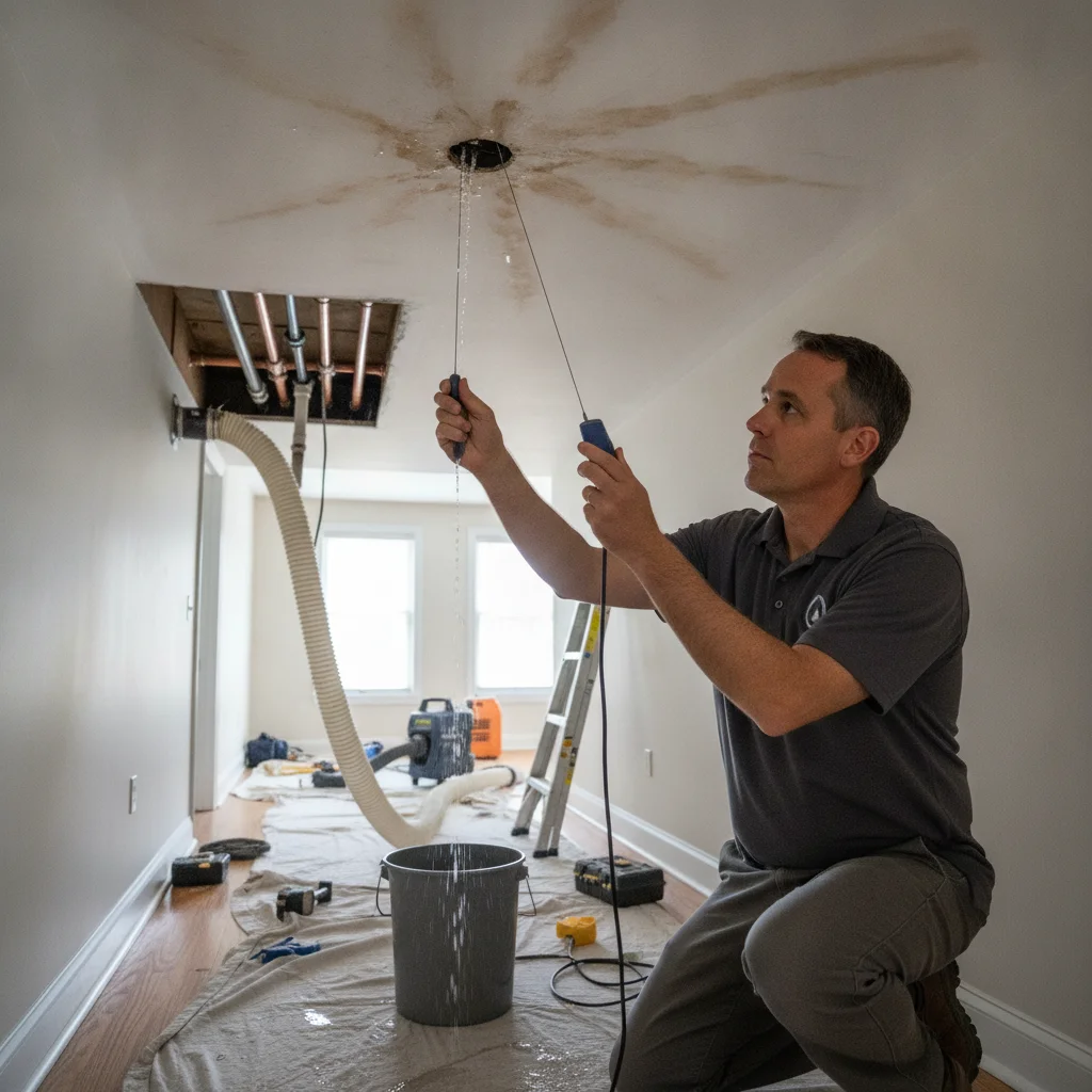 A restoration professional checking a ceiling below an upstairs bathroom for spreading moisture