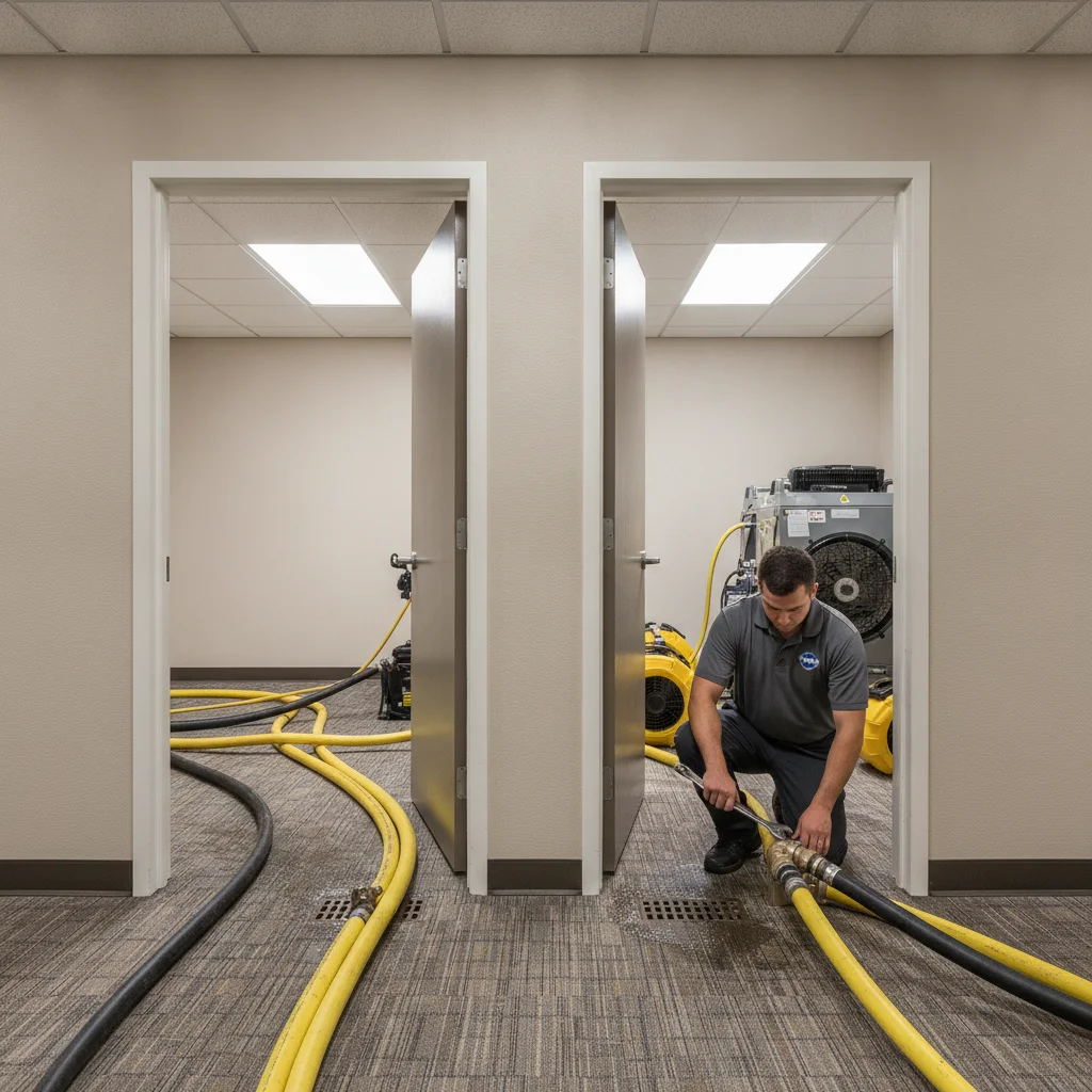 Two adjoining unit doorways in a corridor with drying equipment hoses running between them