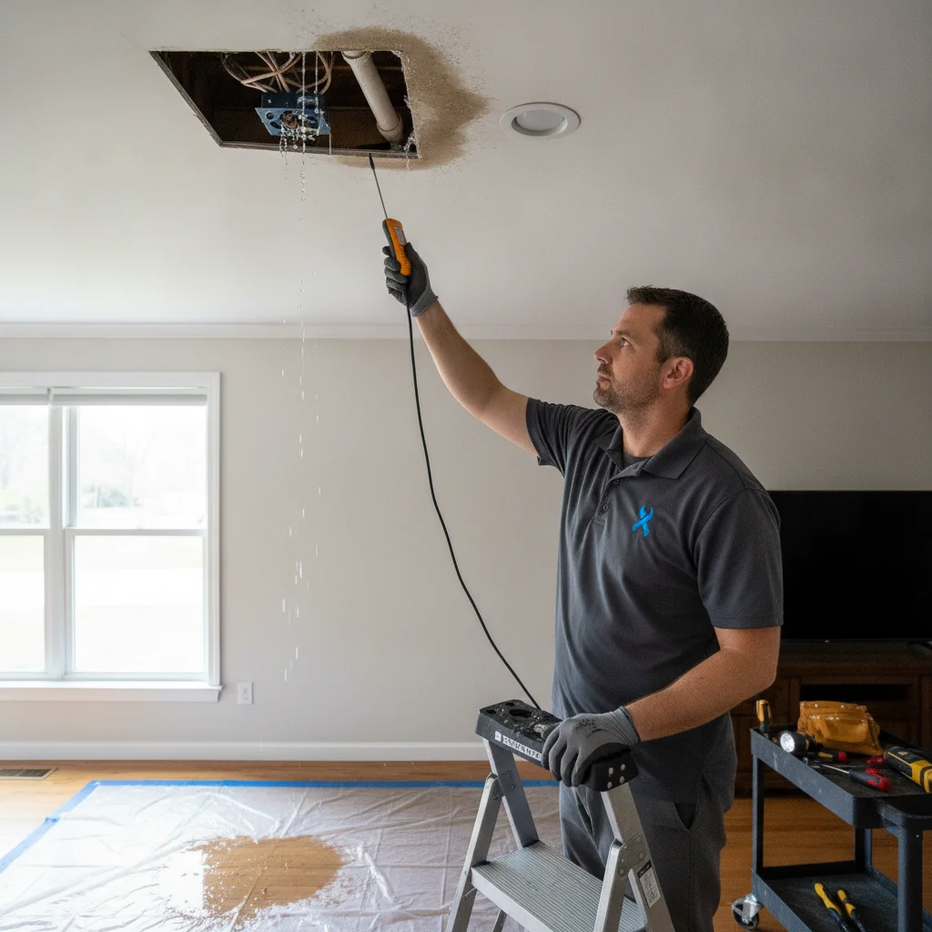 An independent restoration professional assessing ceiling moisture after electrical access is confirmed safe