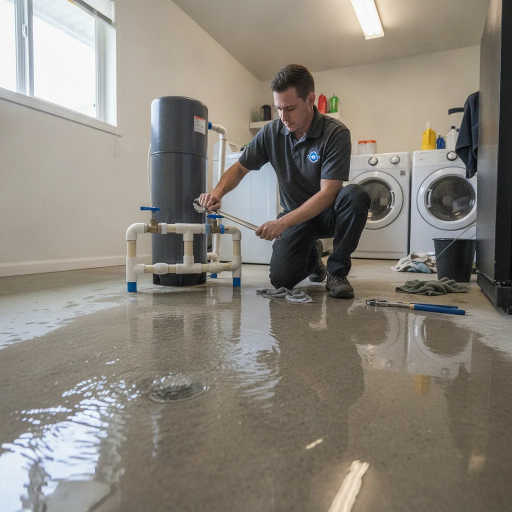 Water spreading from a leaking residential water softener