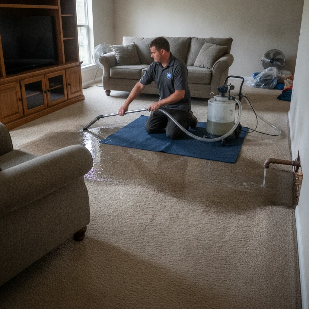 Wet residential carpet extending beneath a sofa after an indoor leak