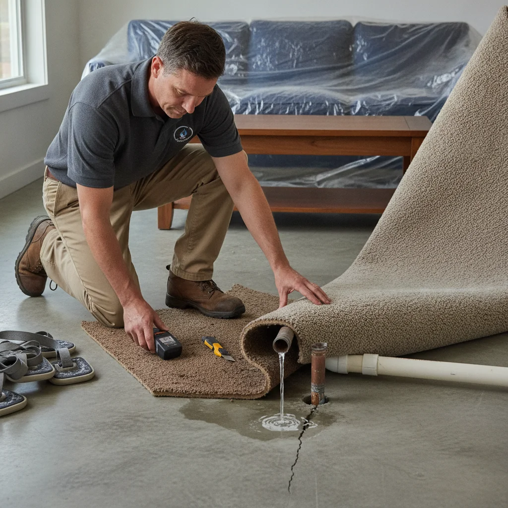 An independent professional assessing carpet, padding, and subfloor after furniture has been safely moved