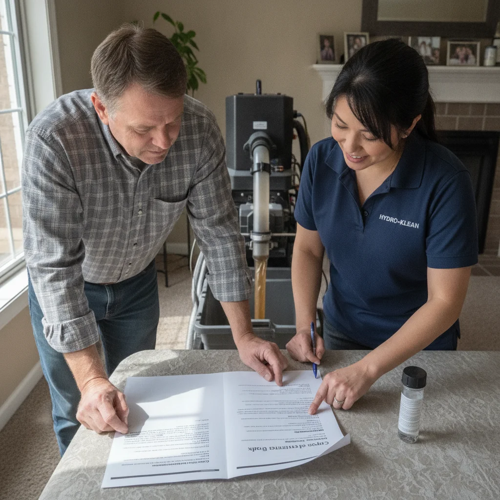 Homeowner reviewing a written carpet extraction scope with a local professional