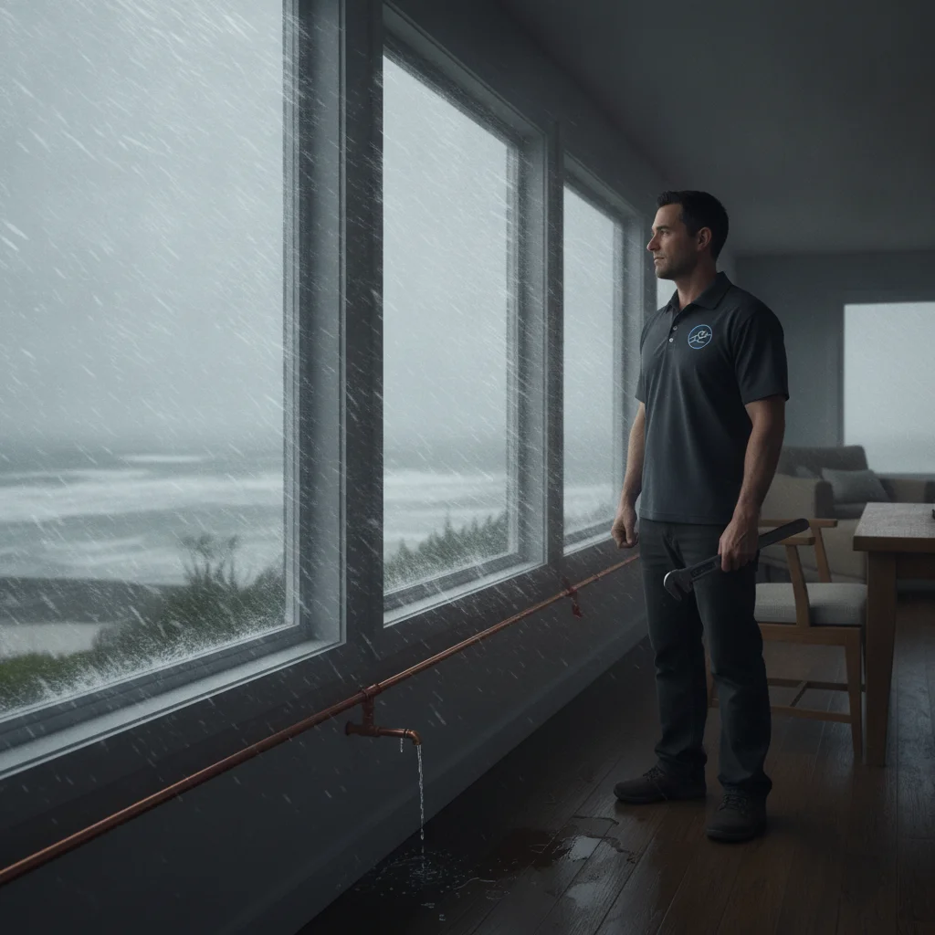 Wind-driven rain striking exterior windows of an Oceanside home