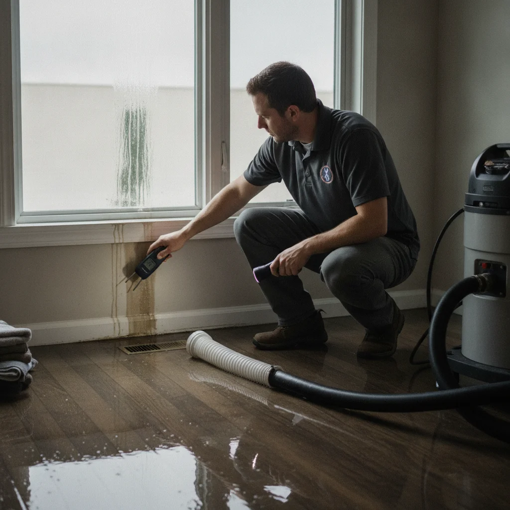 An independent restoration professional using a moisture meter near a window after rain intrusion