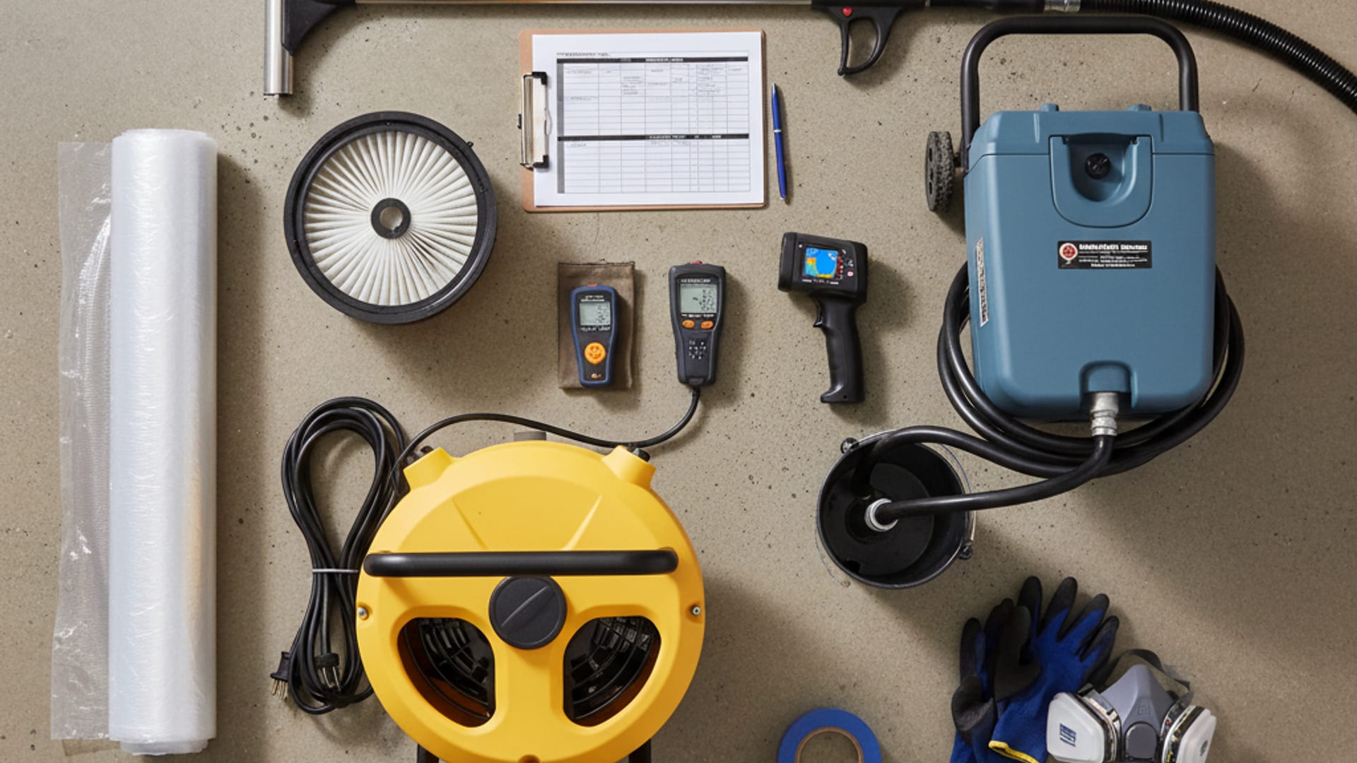 Vista superior de equipo profesional de restauración: sopladores de aire, deshumidificador, medidor de humedad, y filtro HEPA sobre una superficie de trabajo limpia
