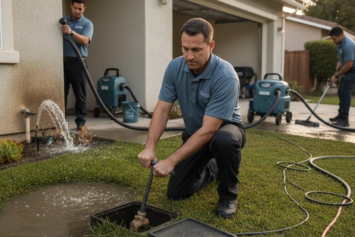 Homeowner closing a main water shutoff valve on a residential water meter in a San Diego front yard during a pipe burst