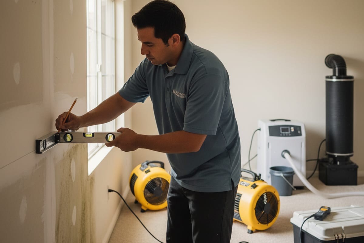 Restoration technician marking a flood cut line on water-damaged drywall before removal in a San Diego home