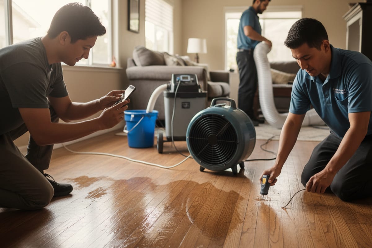 Homeowner photographing water damage on a hardwood floor with a phone for an insurance claim in a San Diego home