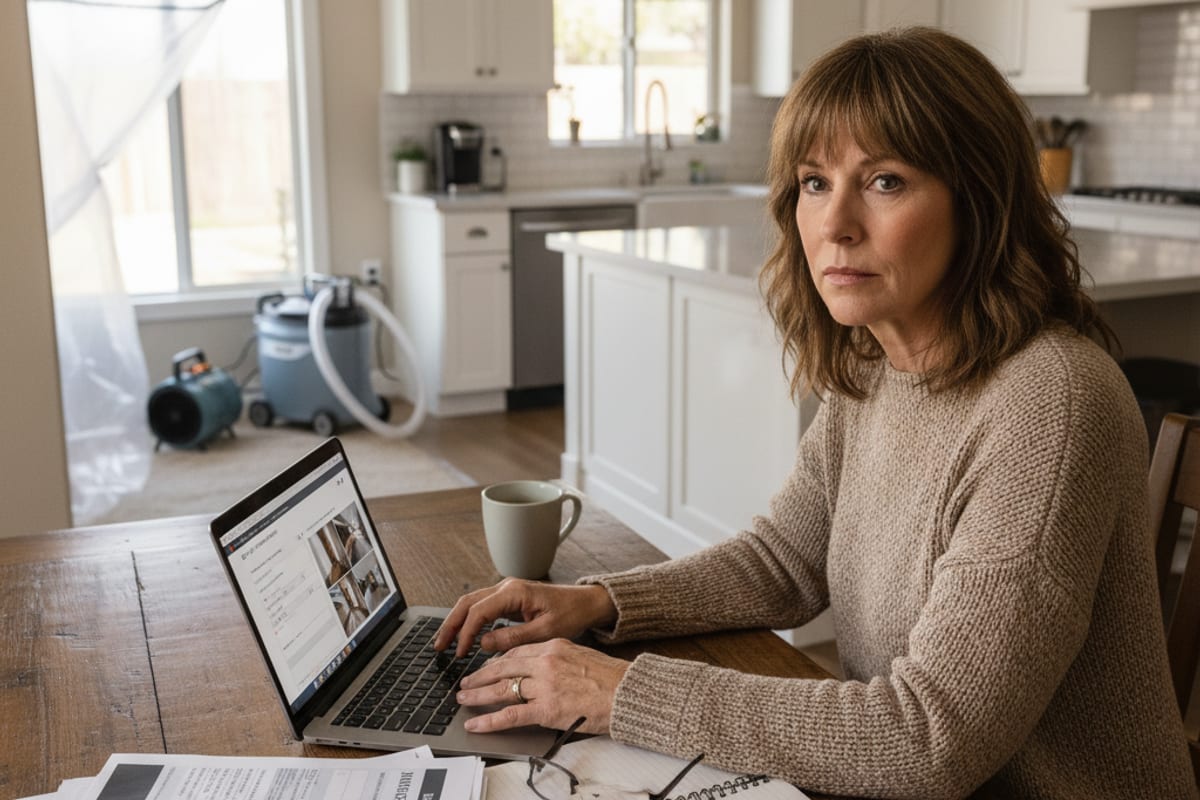 Homeowner reviewing insurance documents and water damage photos at a kitchen table with a laptop in a San Diego home