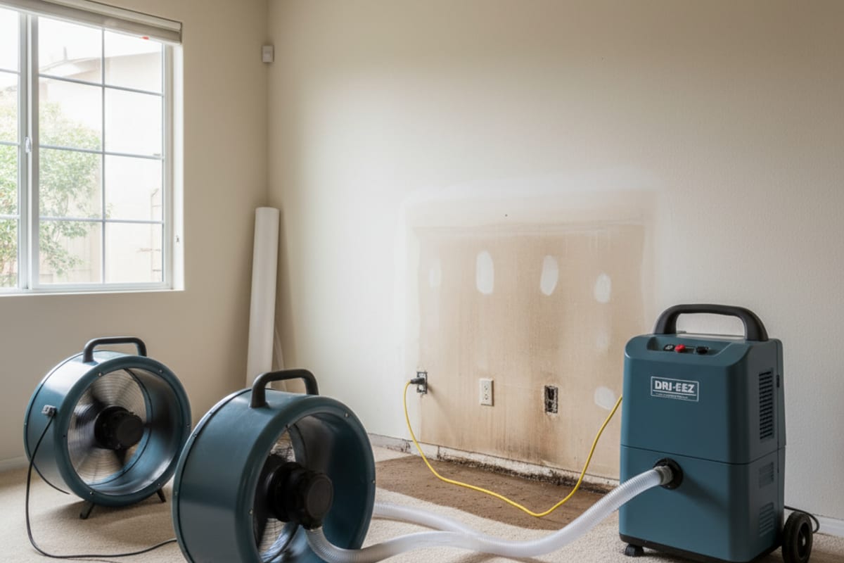 Air movers and a dehumidifier set up to dry a wet floor and wall after a residential water leak in San Diego