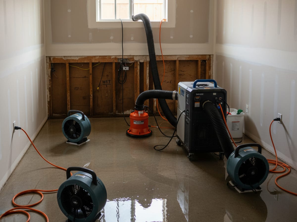 Bomba sumergible y deshumidificador de grado industrial instalados en un sótano inundado en San Diego