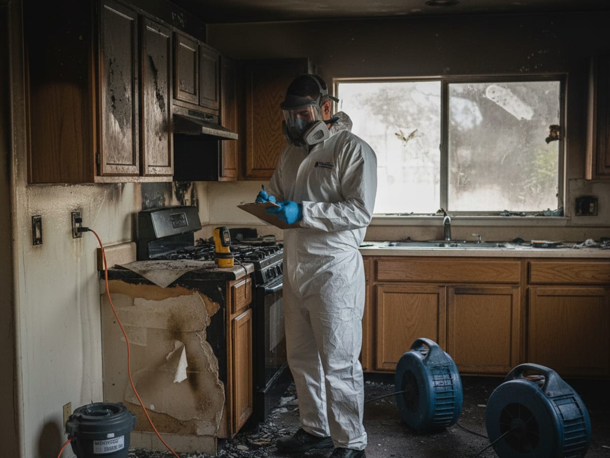 Técnico de restauración con equipo de protección evaluando daño por fuego y humo en una cocina en San Diego con tablaroca dañada por agua