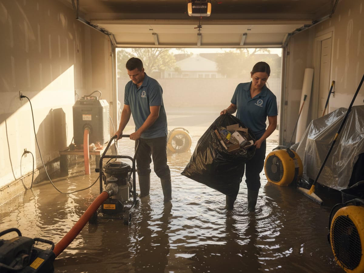 Cuadrilla de restauración limpiando escombros de tormenta y agua de un garaje en San Diego